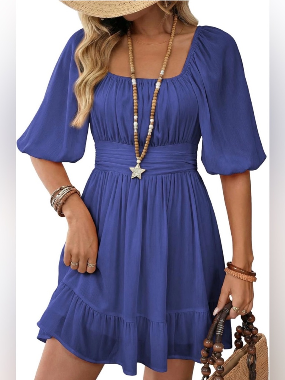 Dokotoo Blue Square-Neck Tie Back Lantern Sleeve Ruffle A-Line Small Dress